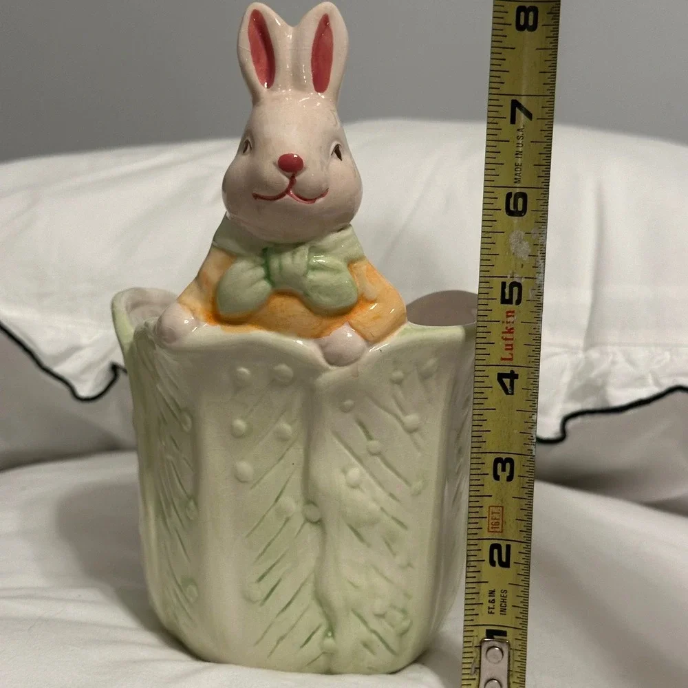 Bloomrite Bunny Rabbit Cabbage Planter Easter Decor Green White 6.5in 
 Glazed - Picture 3 of 9